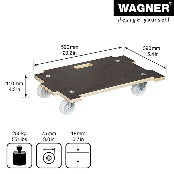 Wagner System Transportroller MM 1383 - L x B x H: 590 x 390 x 110 mm, Traglast: 250 kg, Holz - Eine braune Wagner Möbelrolle mit den Maßen 590 mm x 390 mm und einer Tragfähigkeit von 250 kg.
