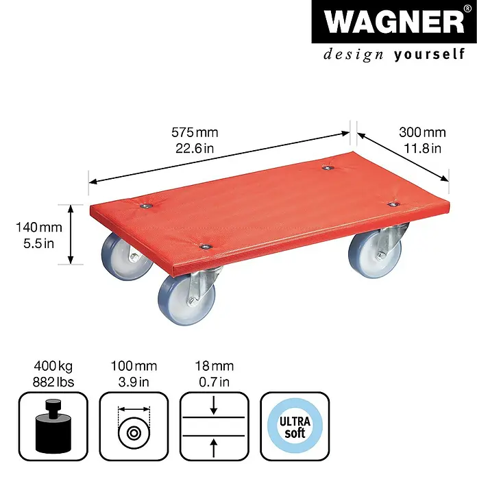 Wagner System Transportroller MM1396 - L x B x H: 57,5 x 30 x 12,3 cm, Traglast: 400 kg, Holz - Eine rote Möbelroller-Transportplattform von Wagner mit den Maßen 575 mm Länge und 300 mm Breite. Maximale Traglast: 400kg.