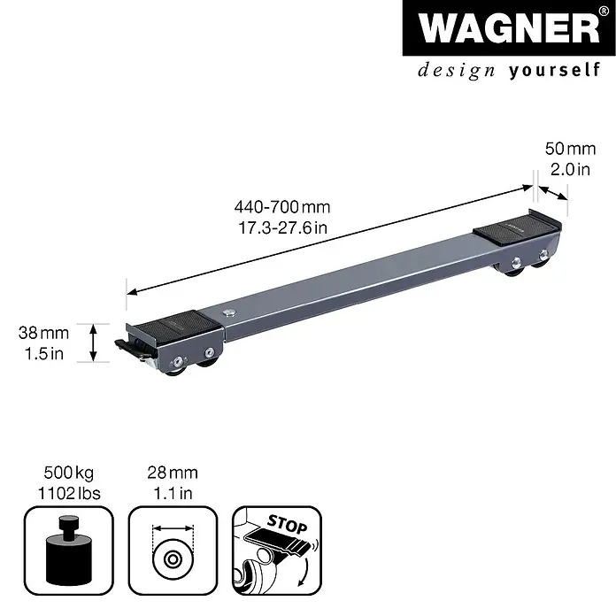 Wagner System Transportroller MM 1199 - Traglast: 500 kg - Abbildung eines verstellbaren Möbelrollers von Wagner mit technischen Details und Abmessungen.