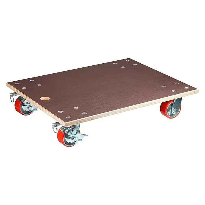 Wagner System Transportroller MM 1348 - L x B x H: 78 x 59 x 16 cm, Traglast: 1.000 kg, Holz - Eine Transportrolle mit einer braunen Holzplatte und vier roten Rädern auf einem schwarzen Hintergrund.