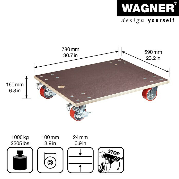 Wagner System Transportroller MM 1348L x B x H: 780 x 590 x 160 mm, Traglast: 1.000 kg Sketch