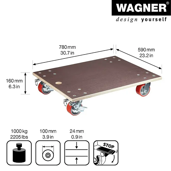 Wagner System Transportroller MM 1348 - L x B x H: 78 x 59 x 16 cm, Traglast: 1.000 kg, Holz - Abbildung eines Möbelrollers von Wagner mit Maßangaben, der bis zu 1000 kg tragen kann und eine Feststellbremse hat.