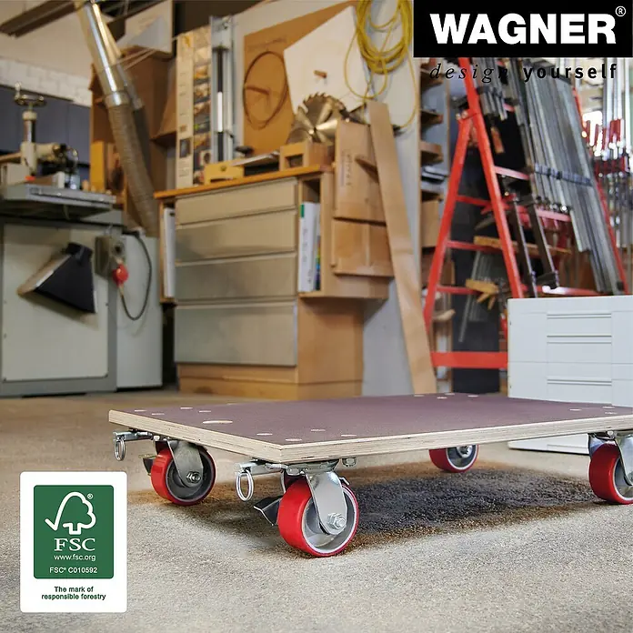 Wagner System Transportroller MM 1348 - L x B x H: 78 x 59 x 16 cm, Traglast: 1.000 kg, Holz - Wagner-Möbelroller: Robuster Möbelroller mit roten Rollen für den einfachen Transport schwerer Gegenstände in der Werkstatt.