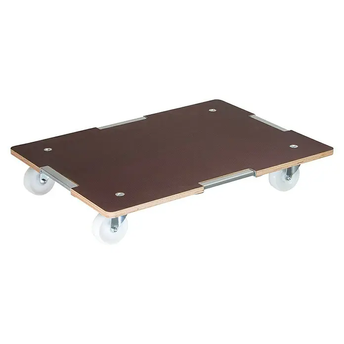 Wagner System Transportroller Barrera MM 1379 - L x B x H: 80 x 60 x 13,5 cm, Traglast: 400 kg, Holz - Eine braune Transportrolle mit vier weißen Rädern auf schwarzem Hintergrund. Ideal für den einfachen Transport schwerer Gegenstände.
