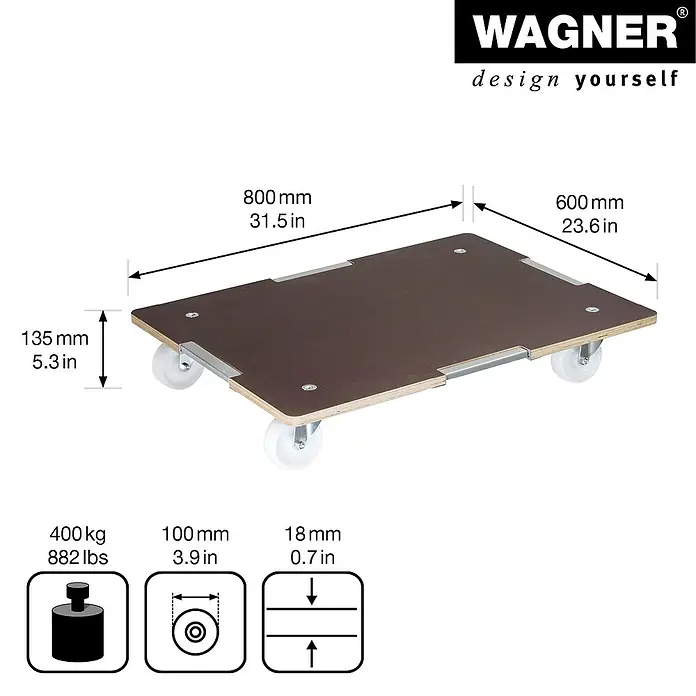 Wagner System Transportroller Barrera MM 1379 - L x B x H: 80 x 60 x 13,5 cm, Traglast: 400 kg, Holz - Produktdarstellung: Transportroller mit den Maßen 800 x 600 mm, Höhe 135 mm und einer Traglast von 400 kg.
