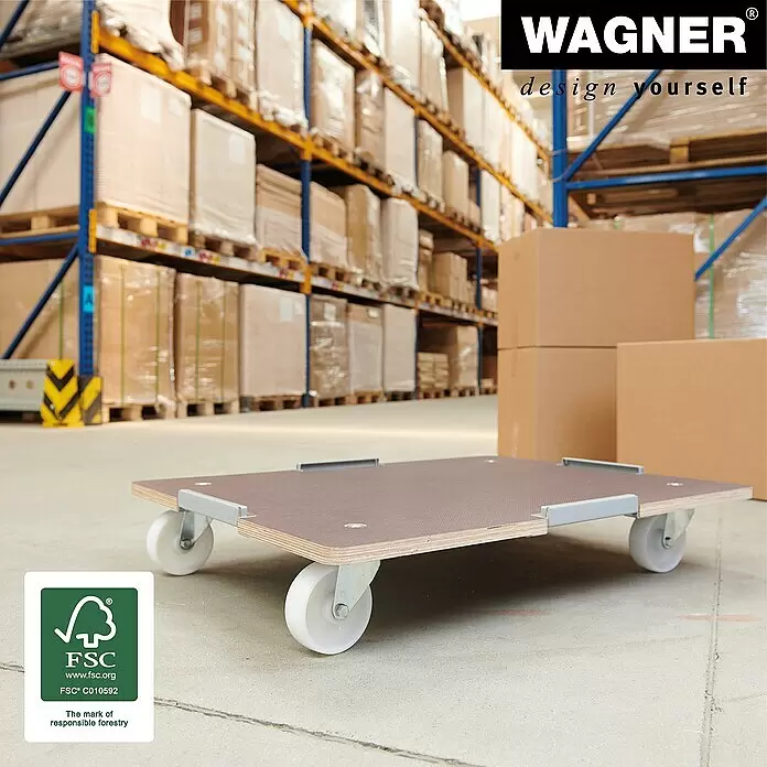 Wagner System Transportroller Barrera MM 1379 - L x B x H: 80 x 60 x 13,5 cm, Traglast: 400 kg, Holz - Dunkelbraunes Sperrholz-Rollbrett mit weißen Rollen im Lager, bereit zum Transport von Waren.