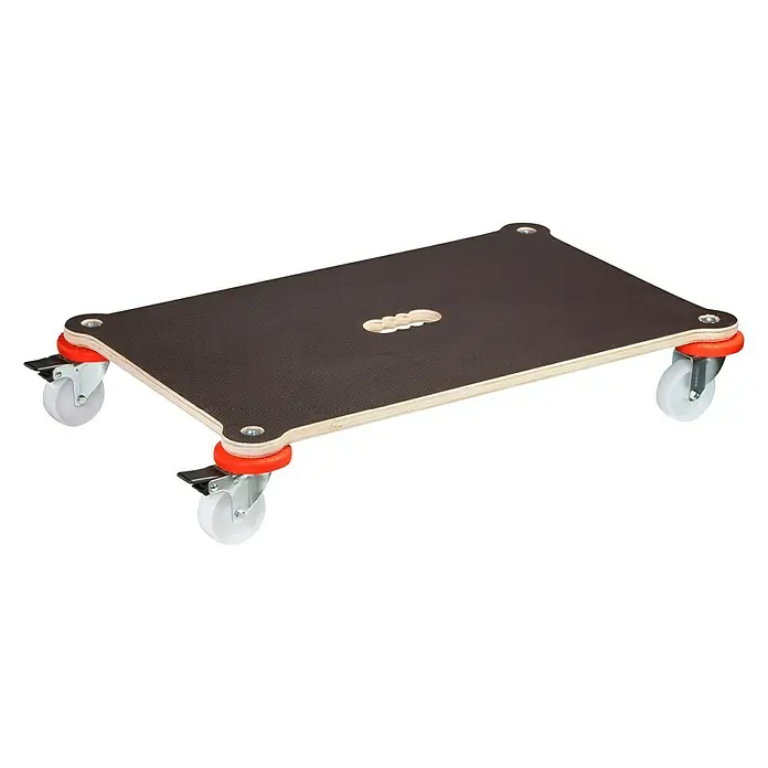 Wagner System Transportroller Protection MM 1375 - L x B x H: 710 x 440 x 123 mm, Traglast: 200 kg, Holz - Das Bild zeigt ein Rollbrett mit einer dunklen Holzplatte und vier Lenkrollen mit orangen Halterungen. Ideal für Werkstatt und Lager.