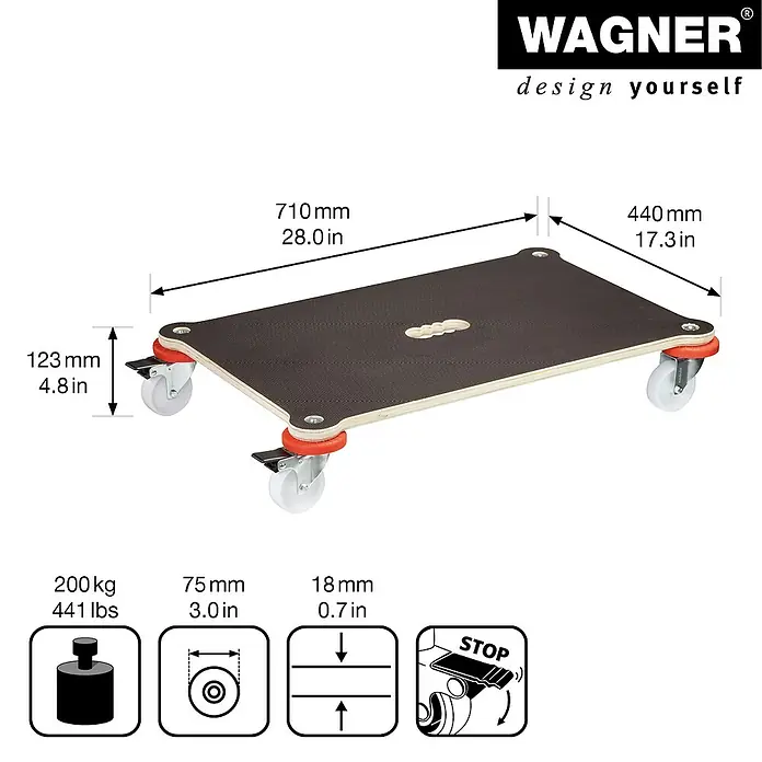 Wagner System Transportroller Protection MM 1375 - L x B x H: 710 x 440 x 123 mm, Traglast: 200 kg, Holz - Bild eines Transportrollers mit Maßen und technischen Daten für Lasten bis 200 kg.