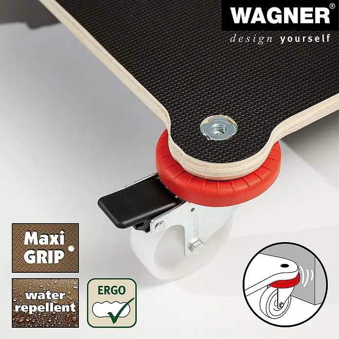 Wagner System Transportroller Protection MM 1375 - L x B x H: 710 x 440 x 123 mm, Traglast: 200 kg, Holz - Produktbild einer Transportrolle von Wagner mit Bremse, ideal für flexible und sichere Möbelbewegung.