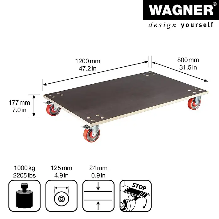 Wagner System Transportroller MM 1349 - L x B x H: 1.200 x 800 x 177 mm, Traglast: 1.000 kg, Holz - Abbildung einer Transportrolle von Wagner mit den Massen 1200 x 800 mm, einer Höhe von 177 mm und einer Traglast von 1000 kg.
