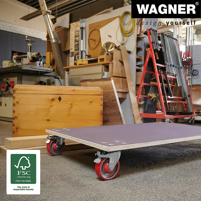 Wagner System Transportroller MM 1349 - L x B x H: 1.200 x 800 x 177 mm, Traglast: 1.000 kg, Holz - Diese Abbildung zeigt eine Transportrolle der Marke Wagner, ideal zum einfachen Bewegen schwerer Gegenstände in Werkstätten.