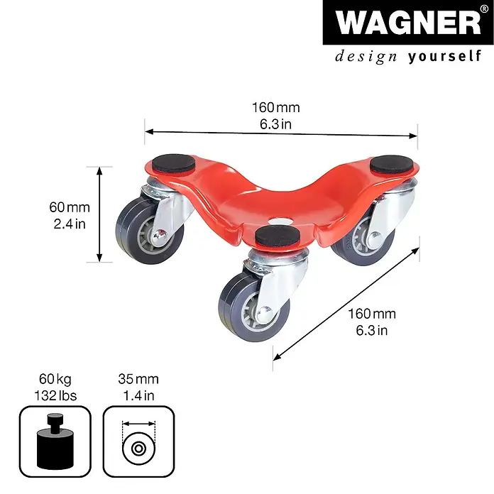Wagner System Transportroller MM 1193 - L x B x H: 160 x 160 x 60 mm, Traglast: 60 kg, Stahl - Abbildung eines roten Wagner Möbelrollers mit technischen Daten und dem Markenlogo.