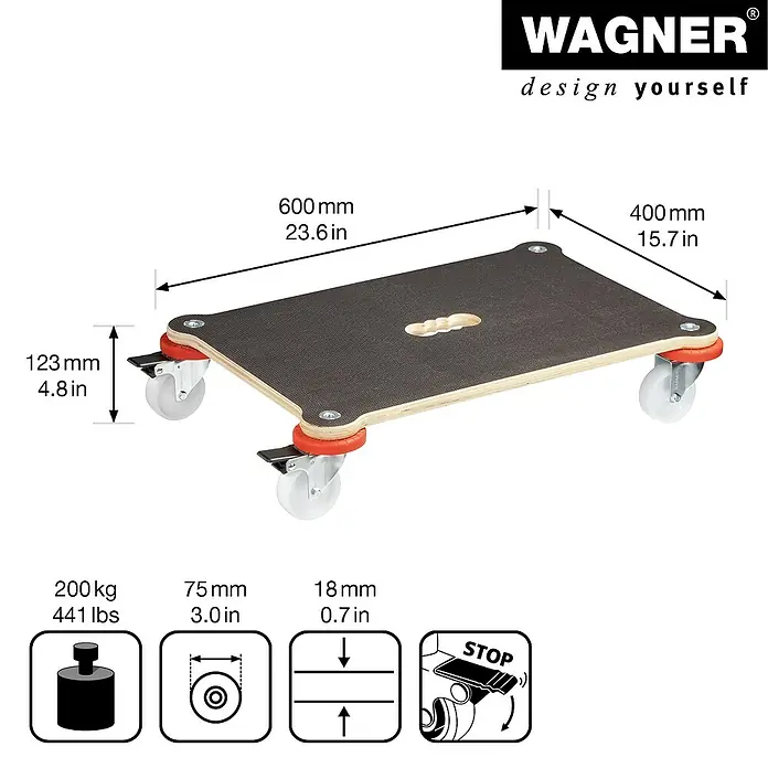 Wagner System Transportroller Protection MM 1370 - L x B x H: 600 x 400 x 123 mm, Traglast: 200 kg, Holz - Abbildung eines WAGNER Möbelrollers mit technischen Daten und Abmessungen für den sicheren Transport von Lasten.