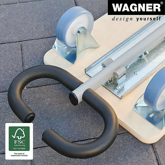 Wagner System Transportroller Star Carrier Extendable MM 1333 - Traglast: 200 kg, Holz - FSC-zertifizierter Holz-Transportroller mit blauen Rollen und schwarzen Griffen, auf Pflaster.