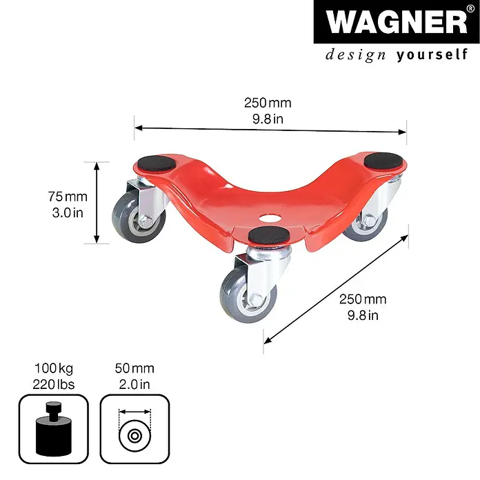 Wagner System Transportroller MM 1196 - L x B x H: 250 x 250 x 75 mm, Traglast: 100 kg, Stahl - Abbildung eines roten Möbelrollers von Wagner mit Abmessungen und technischen Daten. Ideal zum einfachen Bewegen schwerer Gegenstände.
