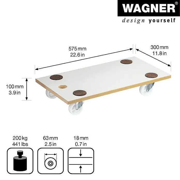 Wagner System Transportroller MM 1319 - L x B x H: 57,5 x 30 x 10 cm, Traglast: 200 kg, Holz - Bild eines Wagner-Möbelrollers mit technischen Details und Abmessungen.