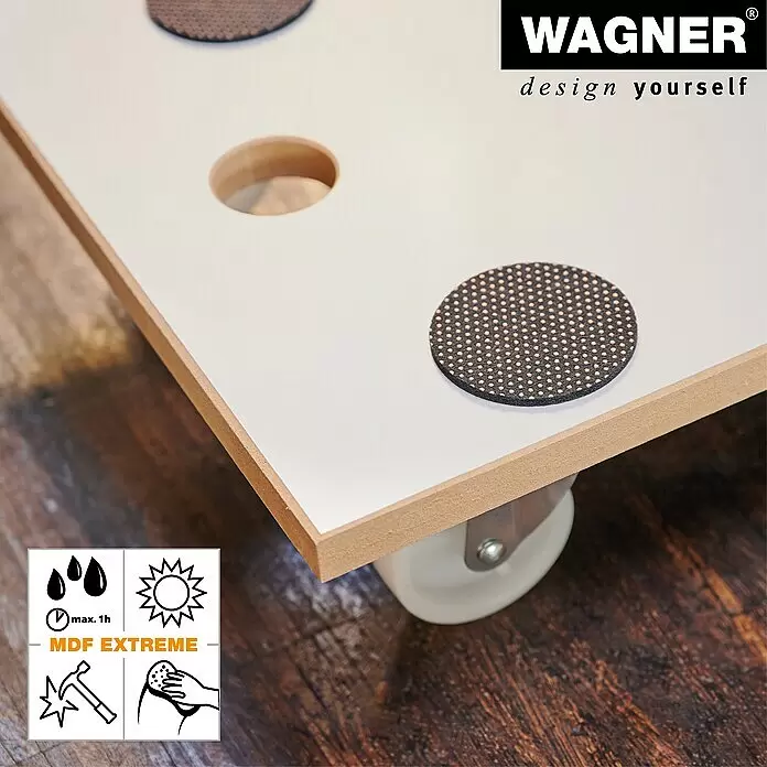 Wagner System Transportroller MM 1319 - L x B x H: 57,5 x 30 x 10 cm, Traglast: 200 kg, Holz - Weißes WAGNER MDF EXTREME Brett mit Naturkante, Rundloch, schwarzem Antirutschpad und Lenkrolle.