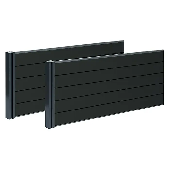 Gutta Hochbeet-Erweiterung Elevada 200 - 194 x 75 cm, Verbundwerkstoff, Anthrazit - Zwei moderne, graue Zaunelemente mit horizontalen Lamellen und schlankem Design für stilvolle Grundstückseingrenzung.