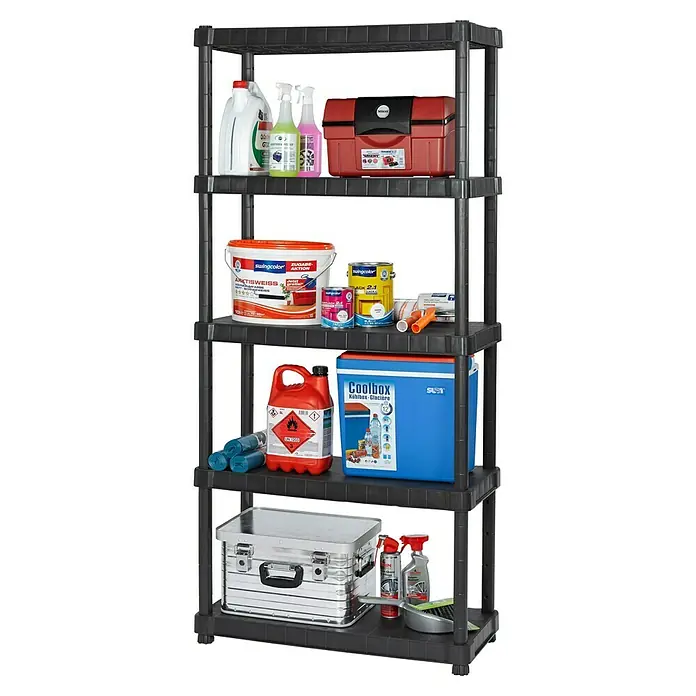 Regalux Kunststoffregal - H x B x T: 188 x 90 x 40 cm, Traglast pro Boden: 55 kg, Anzahl Böden: 5 Stk., Stecken, Schwarz - Gefülltes Kunststoffregal mit Reinigungsmitteln, Farben, Werkzeugkiste, Kühlbox und Alubox für vielfältige Aufbewahrung.