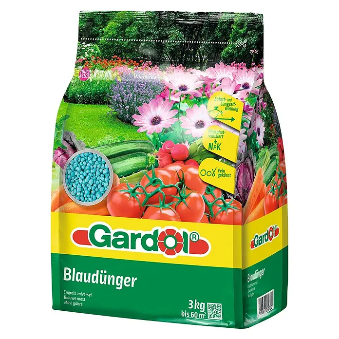 Gardol Blaukorn - 3 kg, Max. Anwendungsfläche: 60 m² - Abbildung einer 3-kg-Packung Gardol Blaudünger, einem universellen Dünger mit sofortiger und Langzeitwirkung, reduziertem Phosphatgehalt und feiner Körnung.