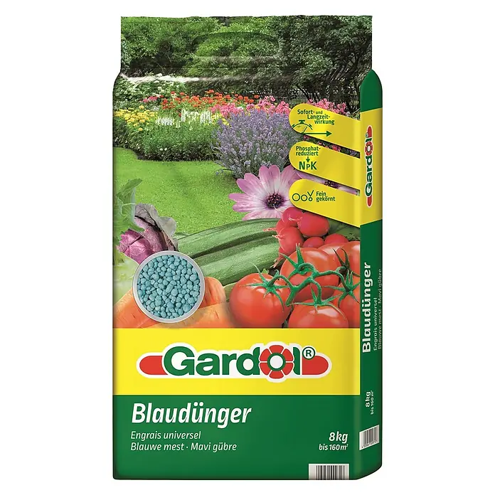 Gardol Blaudünger - 8 kg, Max. Anwendungsfläche: 160 m² - Abbildung einer 8-kg-Packung Gardol Blaudünger, ein Universaldünger, der für eine Fläche von bis zu 160 m² geeignet ist.