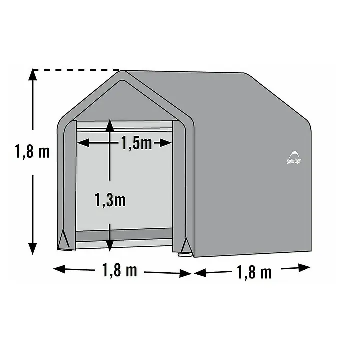 ShelterLogic Gerätehaus - Außenbreite inkl. Dachüberstand: 180 cm, Außentiefe inkl. Dachüberstand: 196 cm, Stahl, Grau - Schemazeichnung einer ShelterLogic Geräteaufbewahrung mit Größenangaben in Meter.