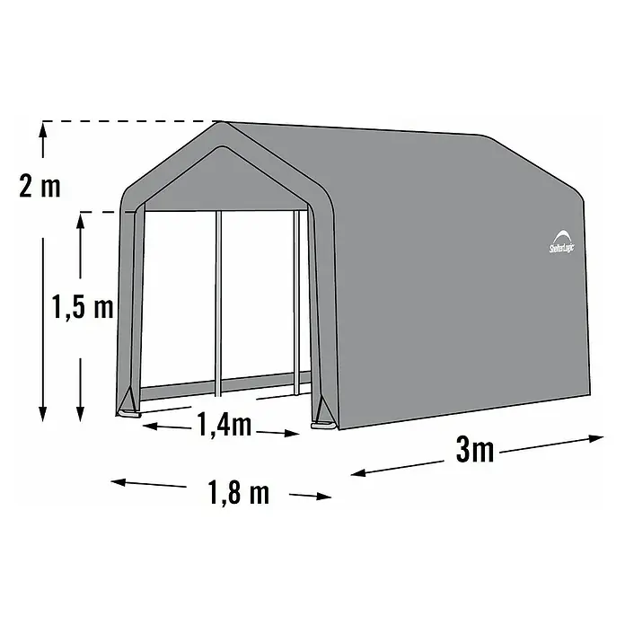 ShelterLogic Gerätehaus - Außenbreite inkl. Dachüberstand: 180 cm, Außentiefe inkl. Dachüberstand: 300 cm, Stahl, Grau - Illustration einer grauen ShelterLogic-Garage mit Größenangaben. Ideal zum Schutz von Fahrzeugen oder als Lagerraum.