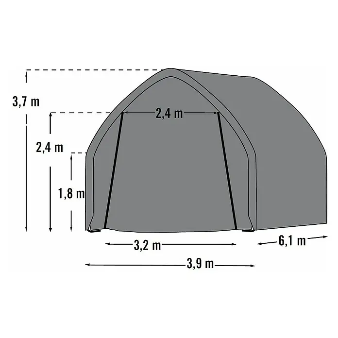 ShelterLogic Garage - 610 x 390 x 370 cm, Kunststoff - Schemazeichnung eines grauen Unterstandes mit Breiten-, Höhen und Längenangaben.
