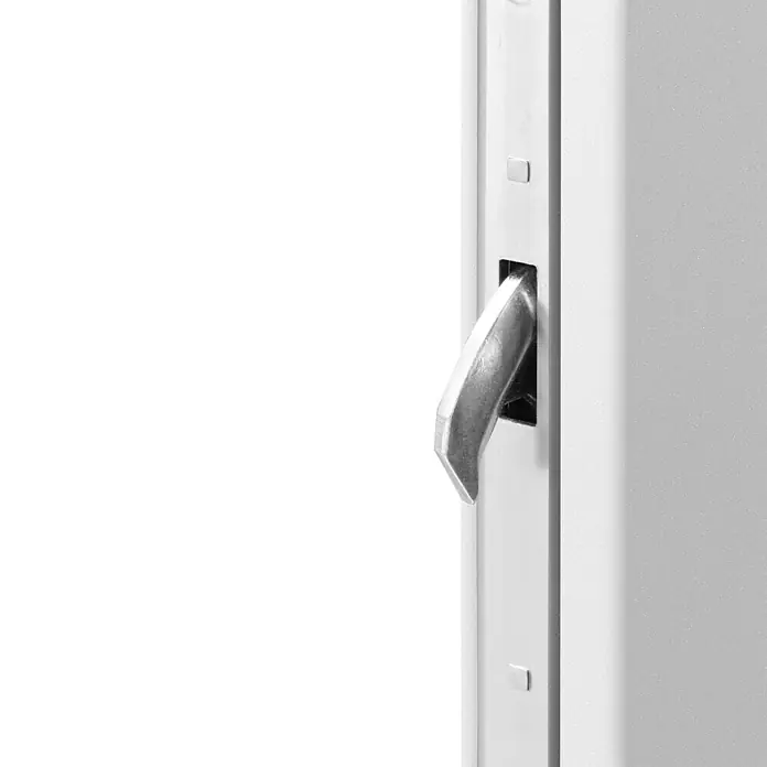 Splendoor Haustür Thermodoor PLUS SP45W100 x 210 cm, DIN Anschlag: Rechts, Verkehrsweiß - Nahaufnahme eines weißen Fenstergriffs.