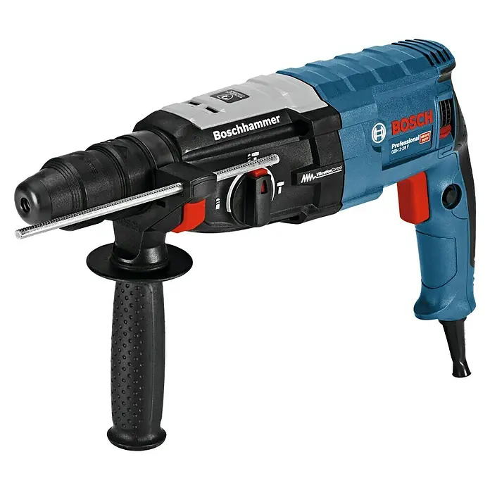 Bosch Professional Martillo combinado GBH 2-28 F - 880 W, 3,2 J, Alojamiento SDS-Plus, Incluye 3 brocas y cinceles - Un taladro Boschhammer de la serie Professional, modelo GBH 2-26 F, con un cuerpo azul y gris y un botón de operación rojo.