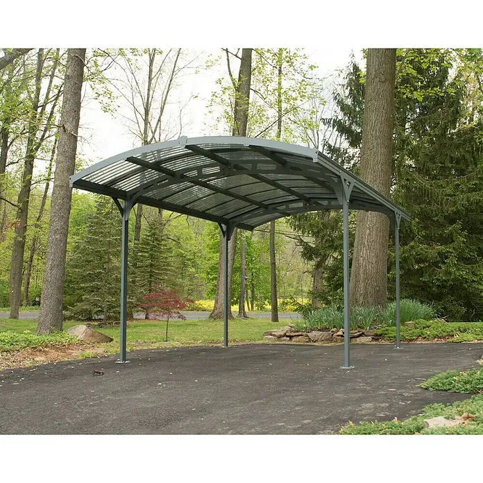 Palram – Canopia Carport Atlas 5000 - Medidas ext. (An x Pr): 2,88 x 4,95 m, Carport individual - Una pérgola elegante con estructura gris y techo transparente, combinando protección y diseño moderno. Ideal para cualquier hogar.