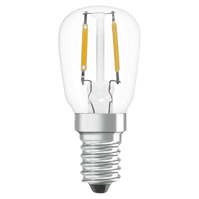 Osram LED-Lampe - E14, Nicht Dimmbar, Warmweiß, 110 lm, 10 W - Nahaufnahme einer klaren LED-Glühbirne mit Edison-Faden und silberfarbener Basis vor schwarzem Hintergrund.