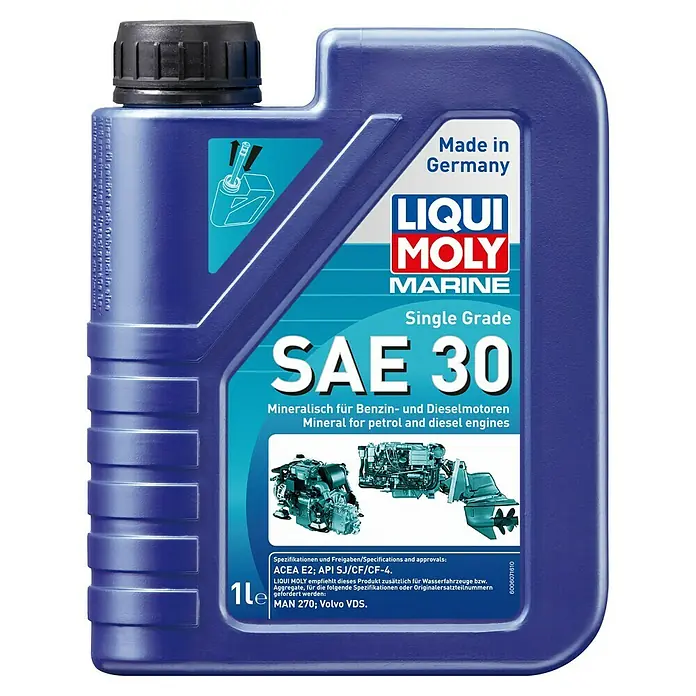 Liqui Moly Marine Motoröl Single Grade SAE 30 - Mineralisch, 1 l, Geeignet für: Benzin-/Dieselmotoren - Abbildung einer 1-Liter-Flasche LIQUI MOLY MARINE SAE 30 Öl, geeignet für Benzin- und Dieselmotoren.