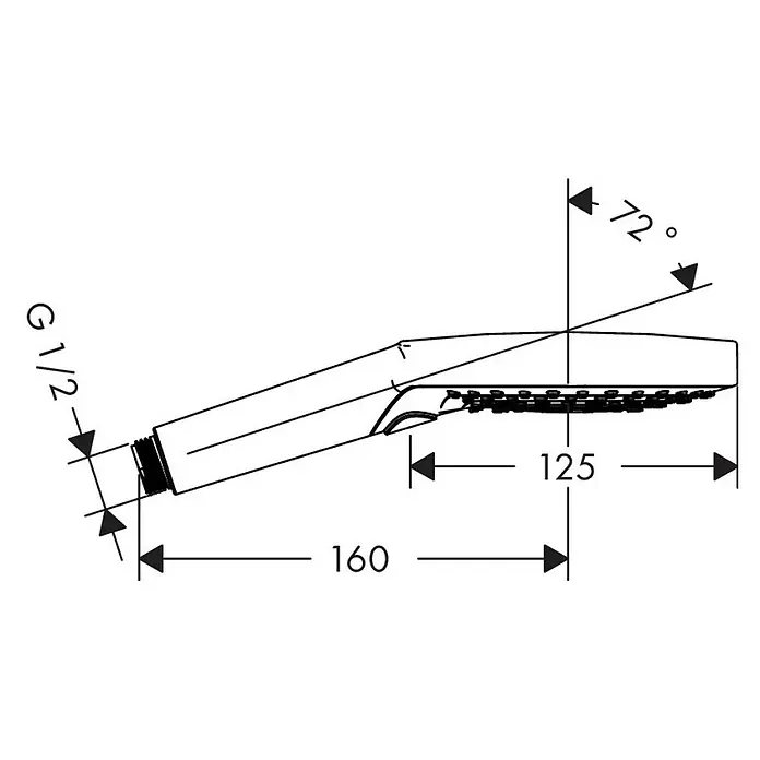 Hansgrohe Teleducha Raindance Select S120 - Número de funciones: 3 ud., Diámetro: 12,5 cm, Tecla de selección, Cromo - Dibujo técnico del cabezal de ducha superior con dimensiones y detalles de ángulo, incluyendo conexión G 1/2.