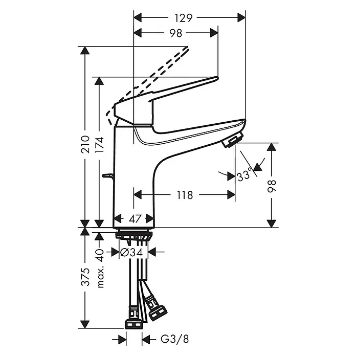 Hansgrohe Novus Loop Waschtischarmatur 100 - Chrom, Glänzend - Eine Strichzeichnung eines Wasserhahns mit Maßangaben für Installationsdetails wie Höhe, Ausladung und Anschlussgröße.