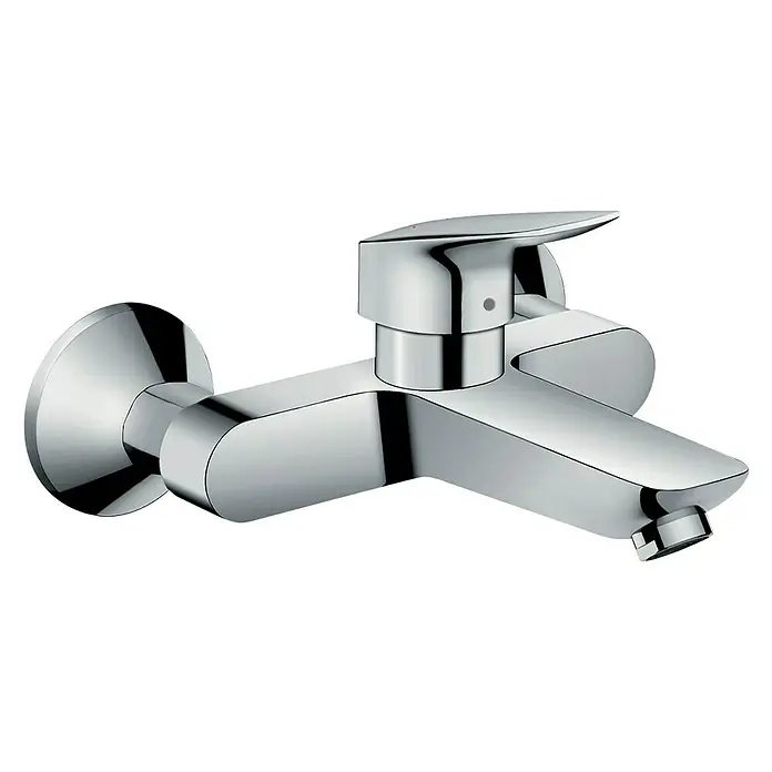 Hansgrohe Logis Waschtischarmatur - Wandmontage, 2 Stk., Chrom, Glänzend, Ausladung Armatur: 194 mm - Diese Aufnahme zeigt eine glänzende, verchromte Hansgrohe Armatur mit einer Wandhalterung und einem mittig platzierten Hebel.