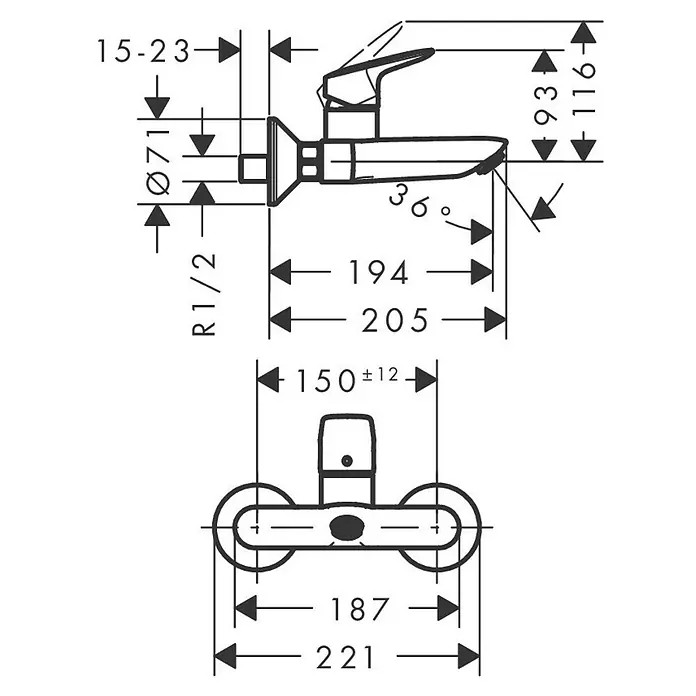 Hansgrohe Logis Waschtischarmatur - Wandmontage, 2 Stk., Chrom, Glänzend, Ausladung Armatur: 194 mm - Detailzeichnung einer Armatur mit Maßangaben, die die Abmessungen und Spezifikationen des Produkts veranschaulichen.