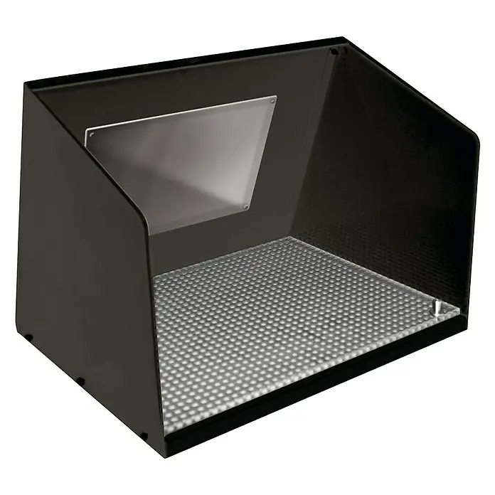 Gys Schweißkabine - L x B x H: 40,5 x 50 x 38,5 cm - Produktansicht des Modells einer dunklen Fotobox mit interner Beleuchtung und strukturierter Bodenfläche.