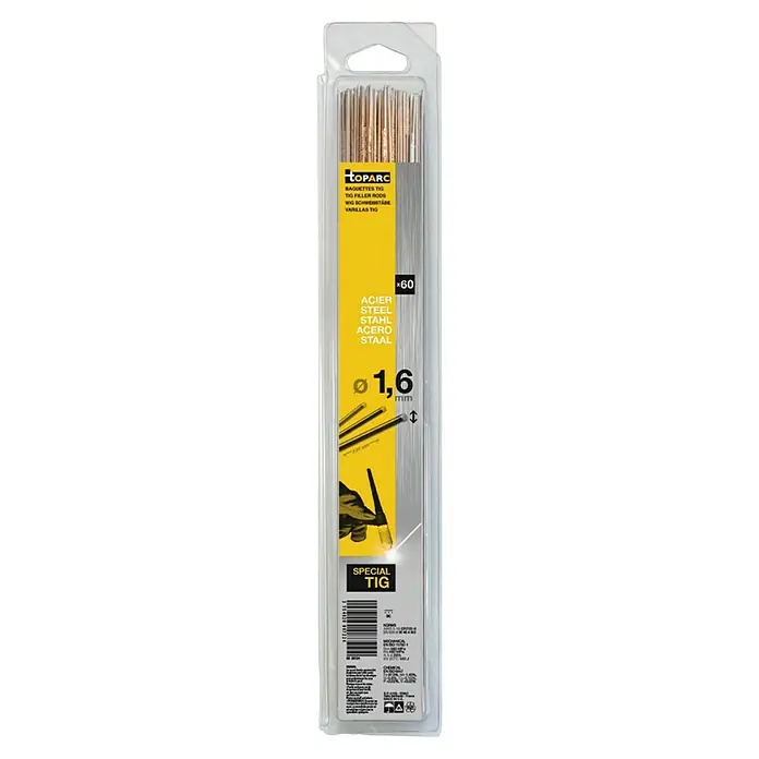 Gys WIG-Schweißstab Stahl SG2 - Durchmesser: 1,6 mm - Nahaufnahme einer Packung Toparc TIG-Schweißstäbe mit einem Durchmesser von 1,6 mm, ideal für Schweißarbeiten.