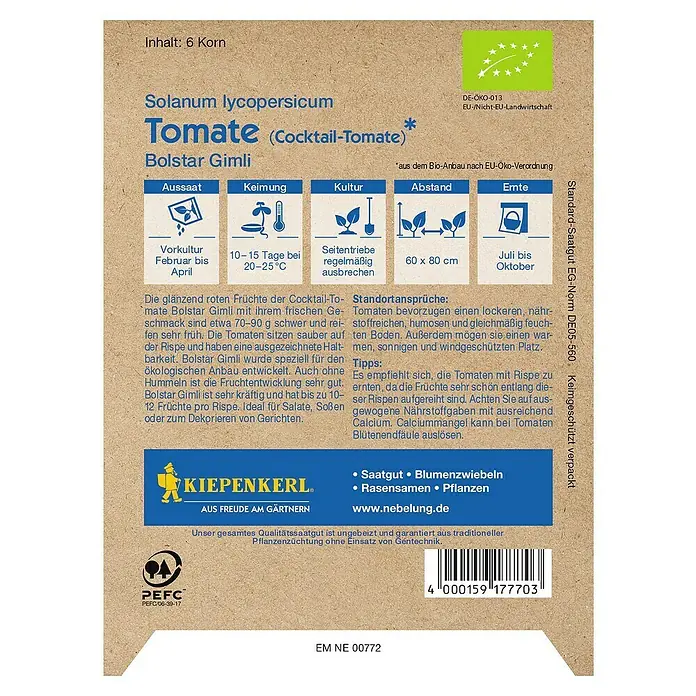 Kiepenkerl Profi-Line Gemüsesamen Tomate - Bolstar Gimli Bio, Solanum lycopersicum, Erntezeit: Juli - Samentüte Bolstar Gimli Cocktailtomaten, mit Infos zu Aussaat, Keimung, Kultur, Abstand und Erntezeit.