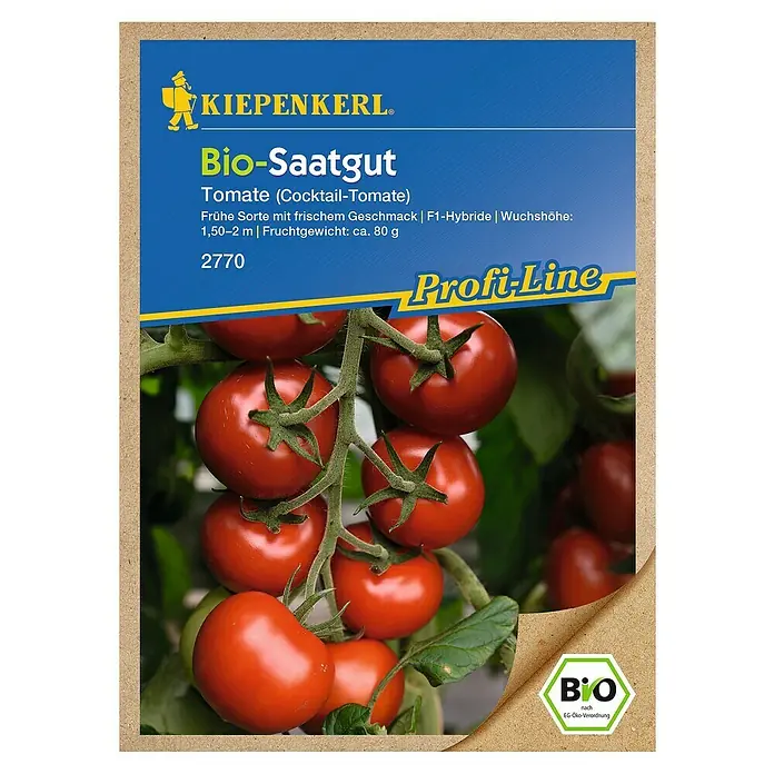 Kiepenkerl Profi-Line Gemüsesamen Tomate - Bolstar Gimli Bio, Solanum lycopersicum, Erntezeit: Juli - Samenpackung Bio-Cocktailtomaten von Kiepenkerl mit einer Abbildung von reifen, roten Tomaten am Strauch.