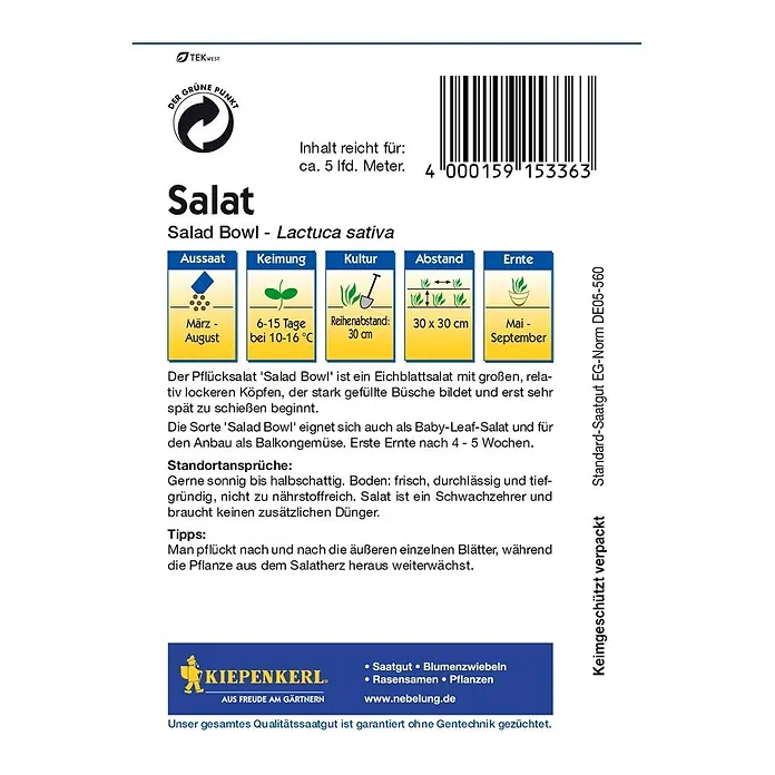 Kiepenkerl Salatsamen Pflücksalat Salad Bowl - Lactuca sativa - Bild einer Salatschüssel-Samenpackung der Marke Kiepenkerl mit Aussaat-, Keimungs-, Kultur- und Ernteinformationen.