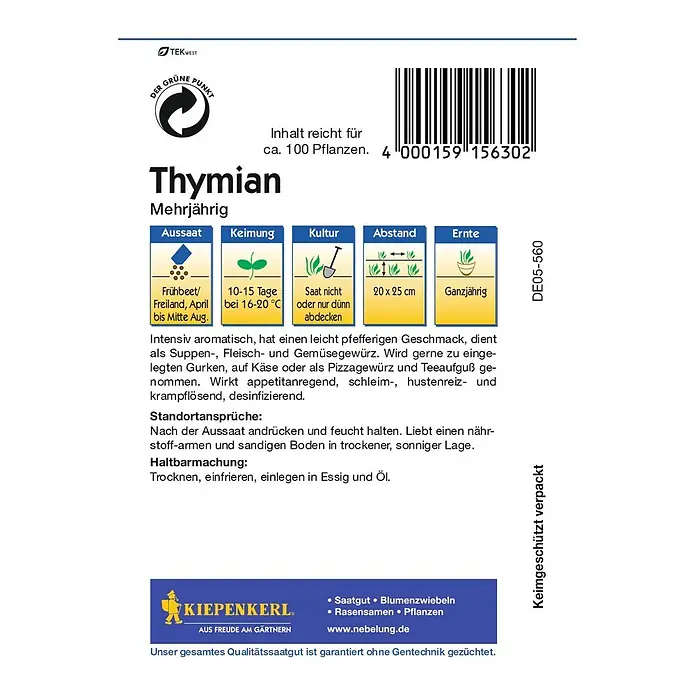 Kiepenkerl Kräutersamen Thymian - Thymus vulgaris, Saatzeit: April, Erntezeit: Ganzjährig - Bild einer Thymian-Samenpackung von Kiepenkerl, die Informationen zu Aussaat, Keimung und Ernte enthält.
