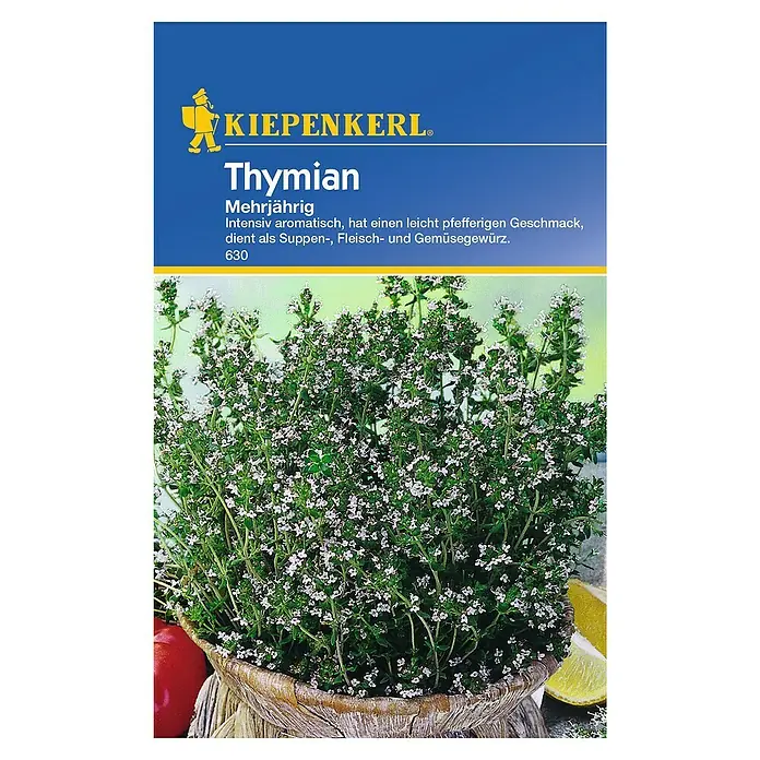 Kiepenkerl Kräutersamen Thymian - Thymus vulgaris, Saatzeit: April, Erntezeit: Ganzjährig - Bild einer Kiepenkerl Thymiansamenpackung, die eine blühende Thymianpflanze in einem Korb zeigt.