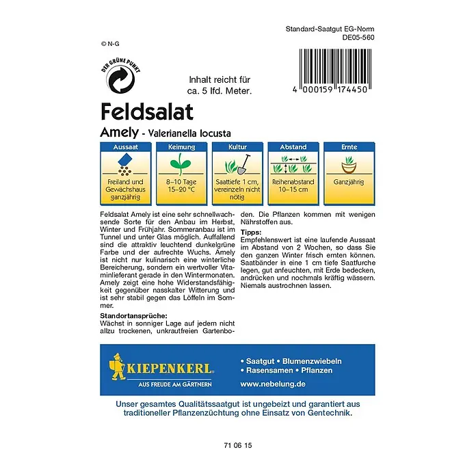 Kiepenkerl Profi-Line Salatsamen Feldsalat - Amely - Saatband, Valerianella locusta, Erntezeit: Ganzjährig - Bild einer Feldsalat-Samenpackung der Marke Kiepenkerl, Sorte Amely, mit Informationen zu Aussaat, Keimung und Ernte.
