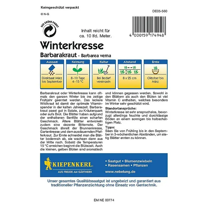 Kiepenkerl Profi-Line Kräutersamen Winterkresse - Barbarea verna, Saatzeit: März, Erntezeit: Oktober - Bild einer Saatguttüte Winterkresse (Barbarakraut), die Aussaat-, Keimungs-, Kultur-, Abstands- und Ernteinformationen enthält.