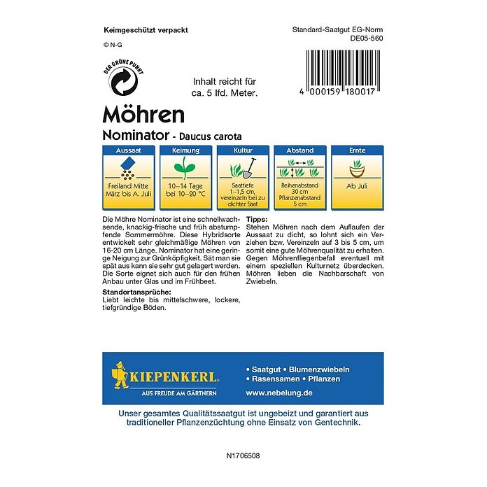 Kiepenkerl Profi-Line Gemüsesamen Möhre (Nominator, Daucus carota, Erntezeit: Juli) | BAUHAUS