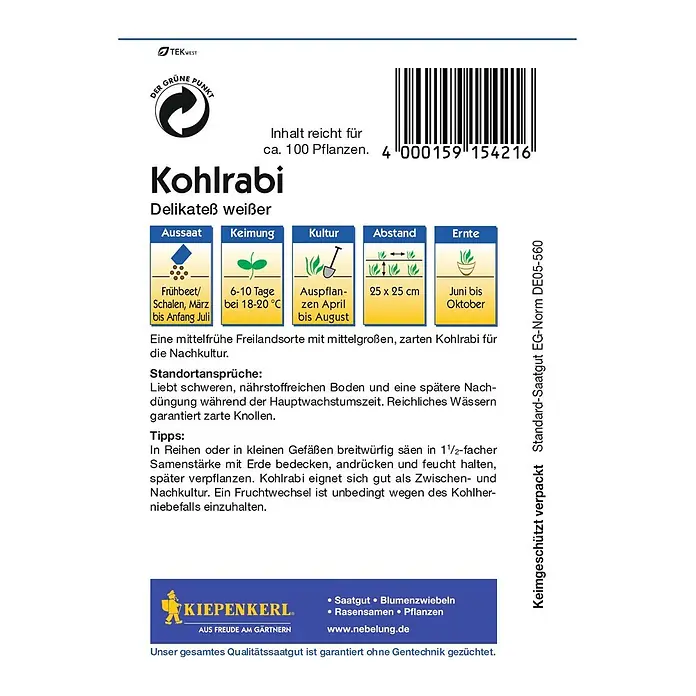 Kiepenkerl Gemüsesamen Kohlrabi Delikateß - Brassica oleracea var. gongylodes, Erntezeit: Juni - Bild einer Kohlrabi-Samenpackung mit Anbauhinweisen.