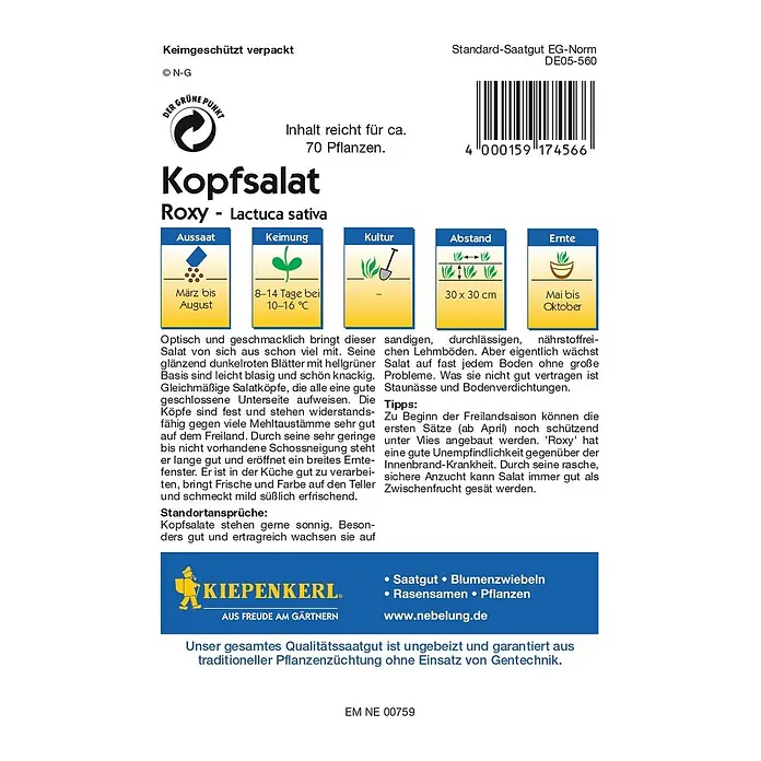 Kiepenkerl Profi-Line Salatsamen Kopfsalat - Roxy, Lactuca sativa var. capitata, Erntezeit: Mai - Abbildung einer Saatguttüte für Kopfsalat 'Roxy' (Lactuca sativa) mit Infos zu Aussaat, Keimung, Abstand und Erntezeit.