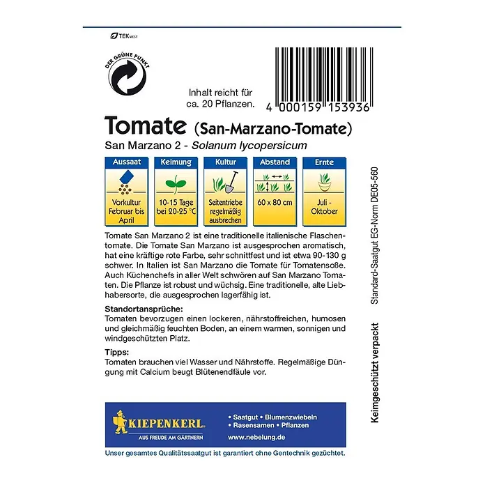Kiepenkerl Gemüsesamen Tomate - San Marzano 2, Solanum lycopersicum, Erntezeit: Juli - Abbildung einer Samenpackung für San-Marzano-Tomaten, ideal für den Anbau aromatischer, schnittfester Tomaten im eigenen Garten.